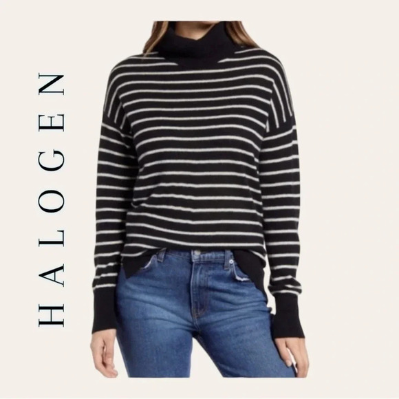2102. HALOGEN 100% CASHMERE TURTLE NECK SWEATER STRIPES BLACK AND‎ WHITE NWT - Picture 1 of 9